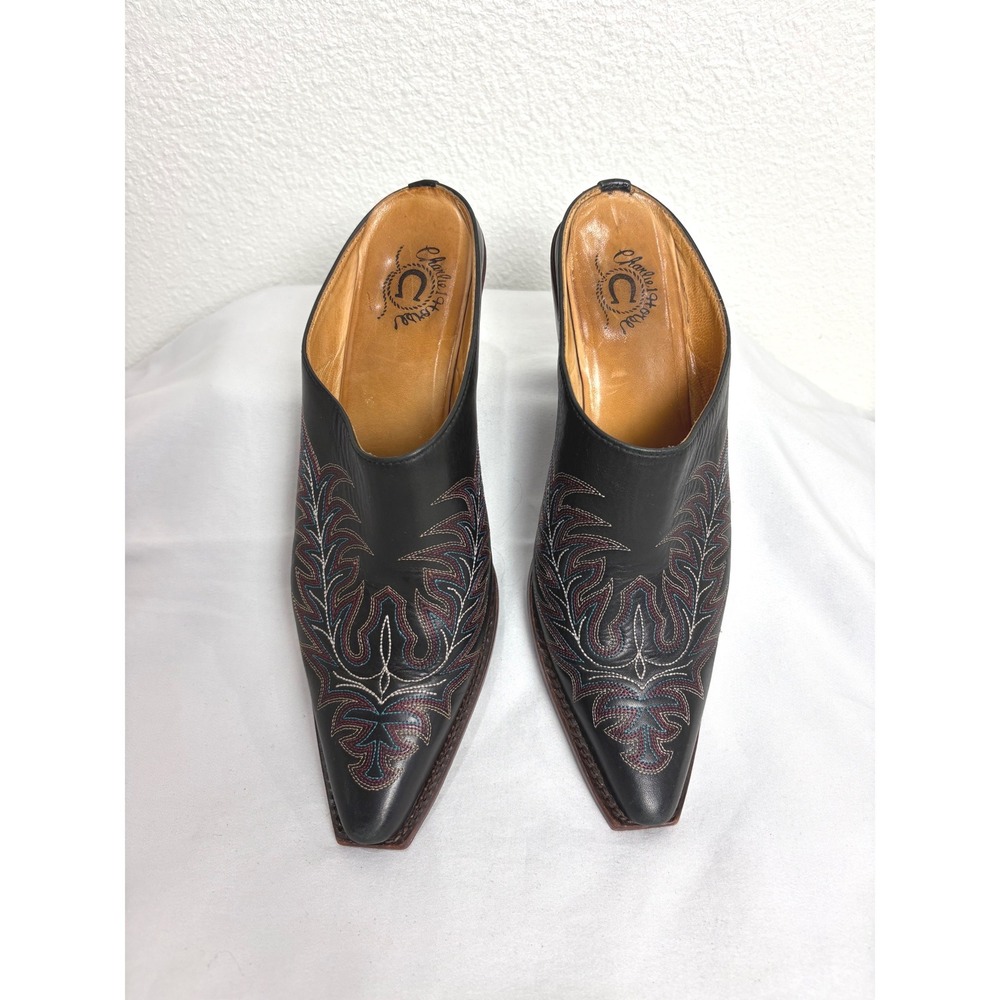 Black Embroidered Leather Snip Toe Heeled Mule Cowboy Boots Size 9 Western - Picture 3 of 7